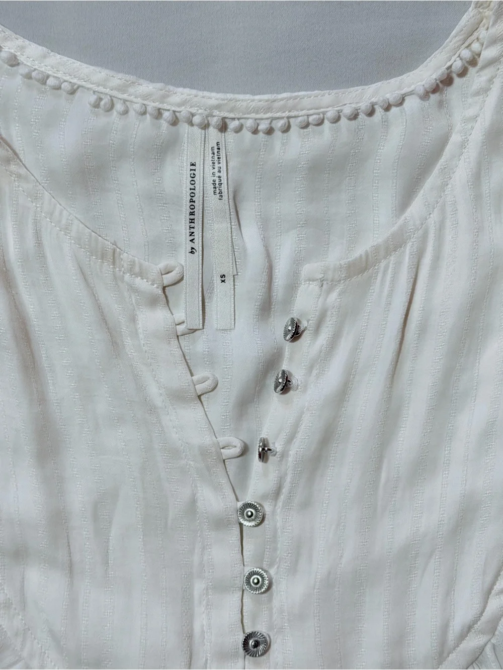 Anthropologie Drapey Henley Pleated Puff Sleeve Top White‎ Extra Small XS